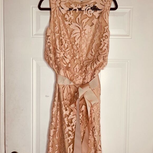 Mother of the Bride Tadashi Shoji Rose Gold Lace Belted Cocktail Dress - Picture 6 of 11
